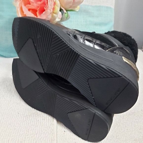 Michael Kors black leather suede wedge high top sneakers lace up gold trim - Picture 7 of 11